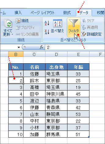 オートフィルタの実行